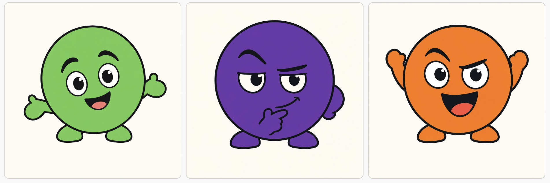 서로 다른 표정과 개성을 가진 초록색, 보라색, 주황색 Kibi 캐릭터